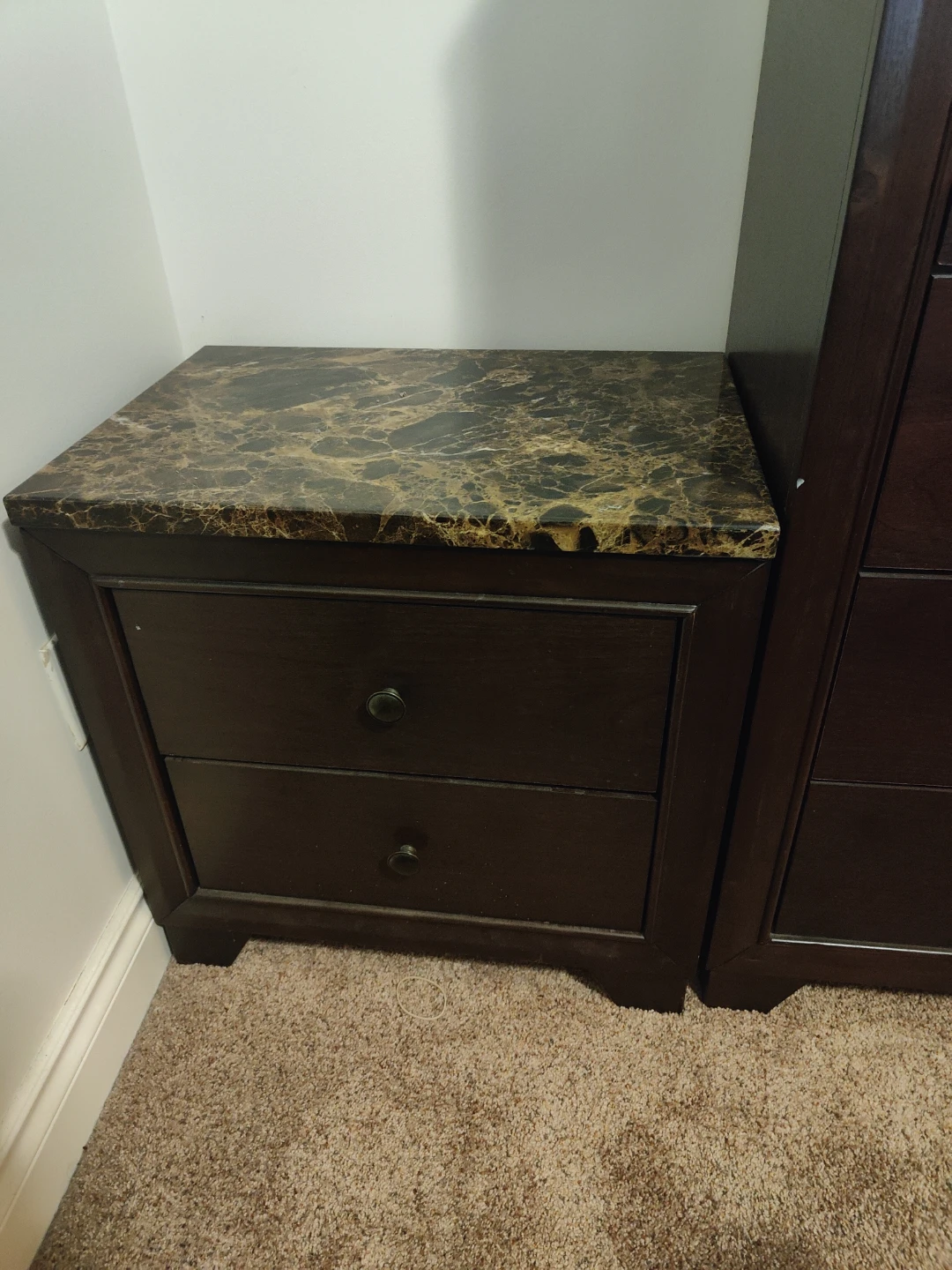 Dark Wood Two-Drawer Nightstand with Marble Top
