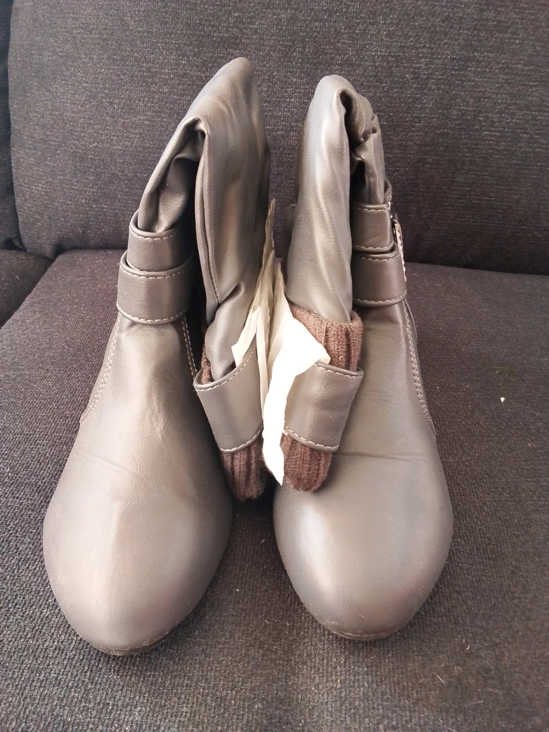 Grey Faux Leather Boots with Buckle Detail