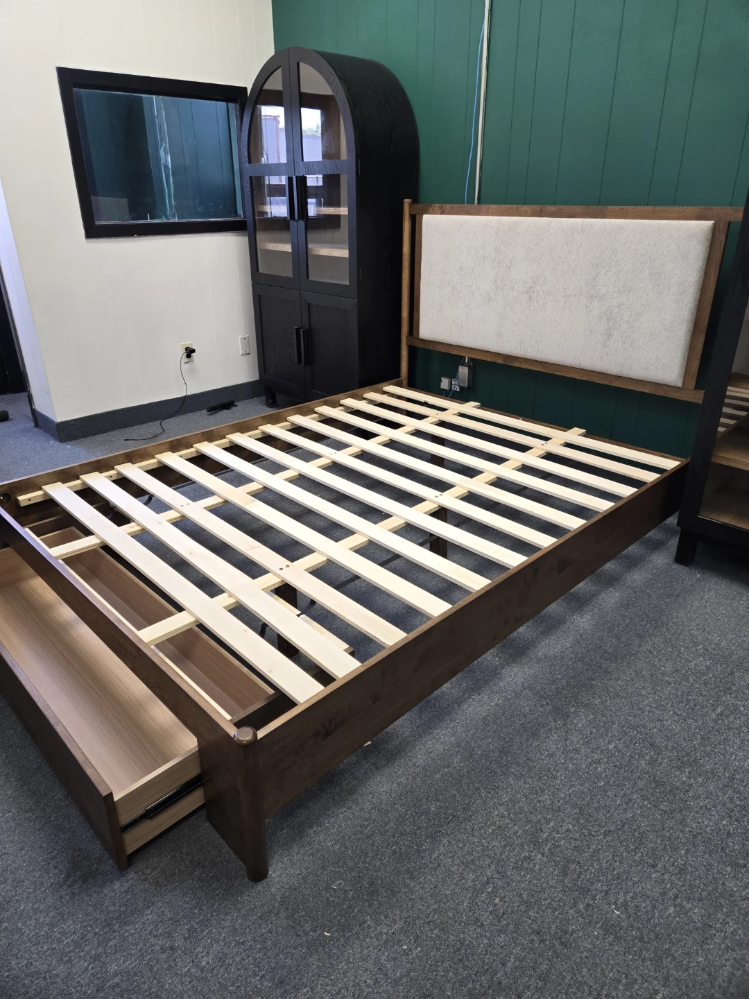 Malaysian Bed Frame with Upholstered Headboard and Storage