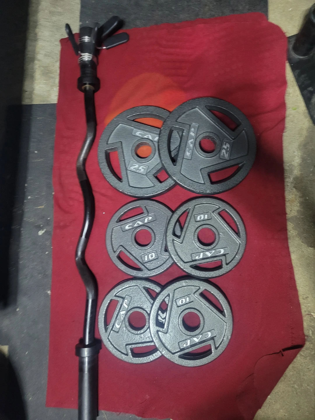 2" HOLE EZ-CURL BAR WITH 90LBSs OLYMPIC PLATES  2-25s  4-10s - photo 2