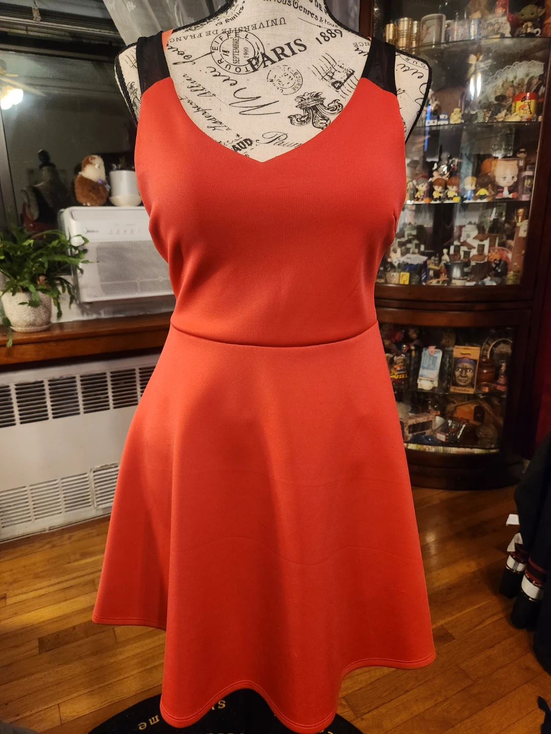 Cute Red Fit & Flare Skater Dress Black Mesh Shoulder Straps