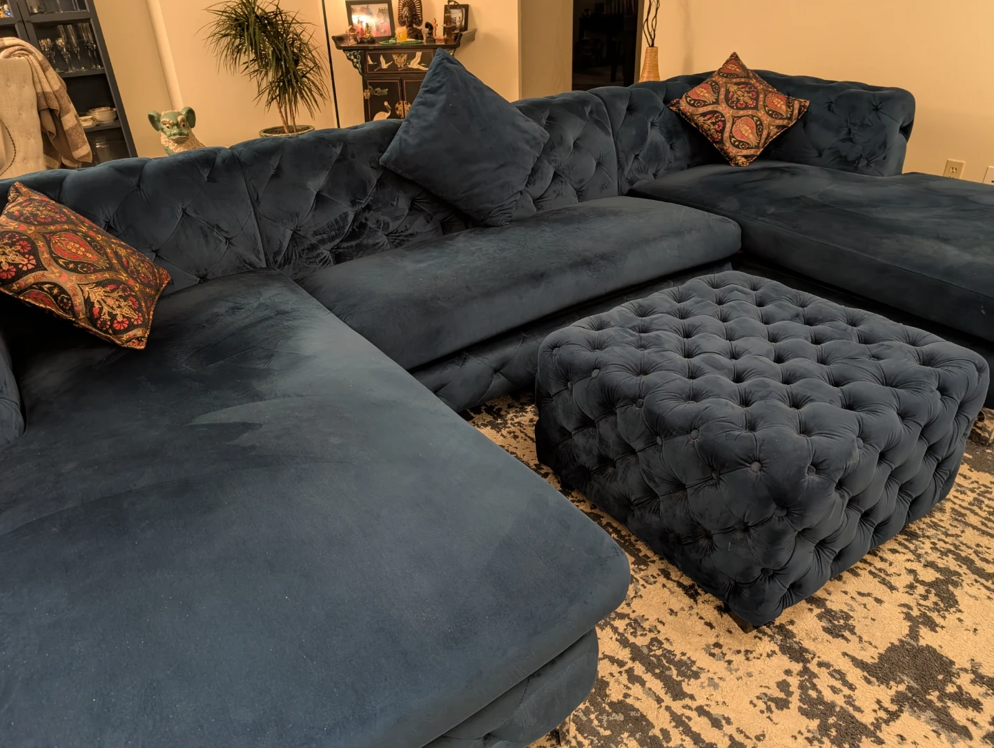 Navy Blue Velvet Sectional Sofa with Matching Ottoman - photo 4
