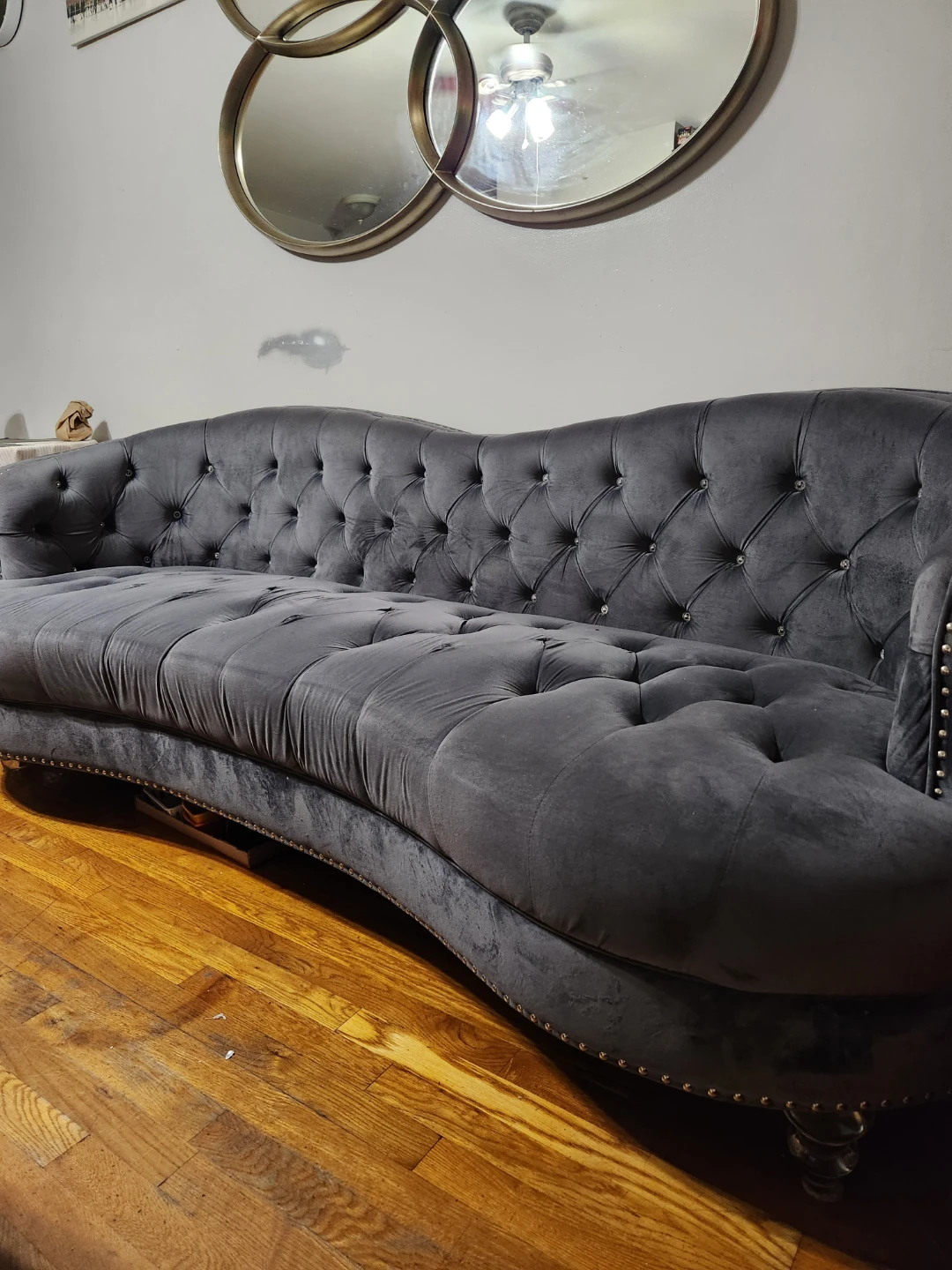 Gray Velvet Tufted Curved Sofa