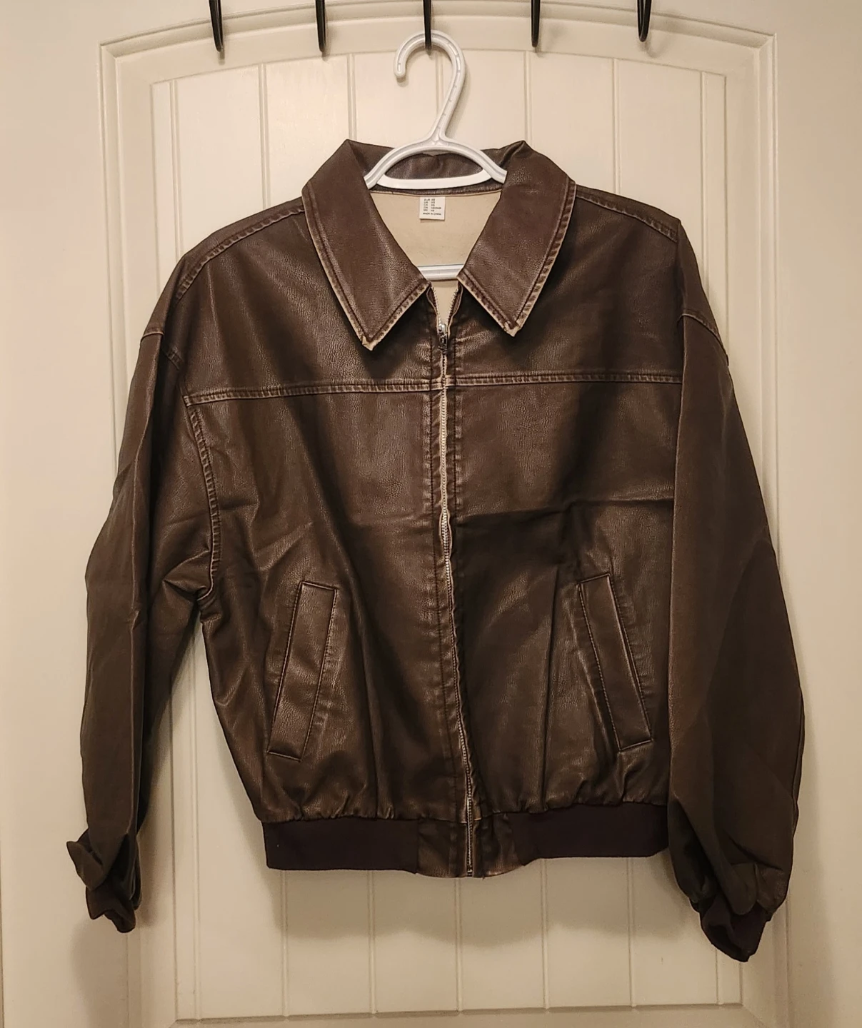 Brown Faux Leather Bomber Jacket