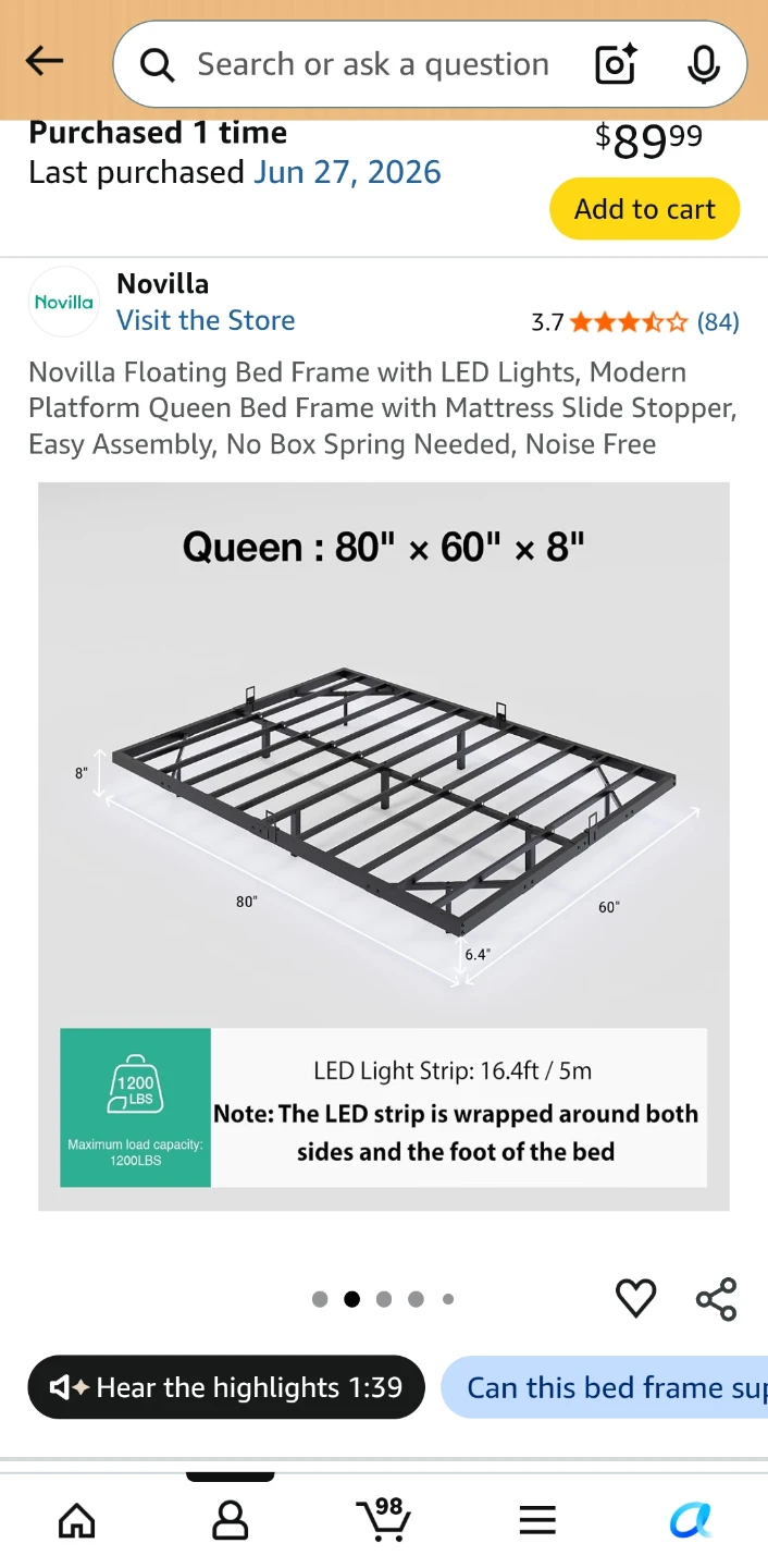 Novilla Queen Floating Bed Frame with LED Lights