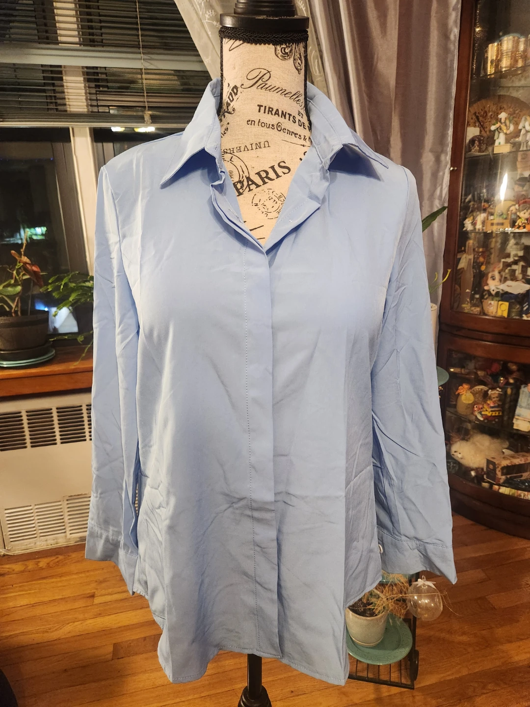 Light Blue Hidden Button Long Sleeve Workwear Shirt Blouse - photo 2