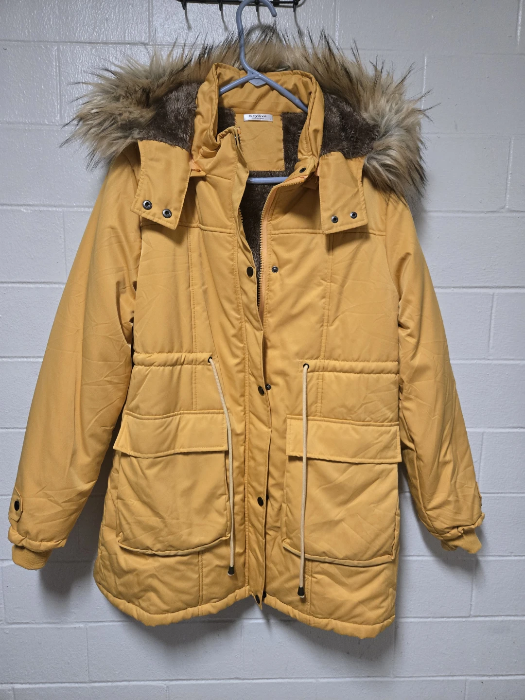 Beyove Mustard Gold Winter Parka Jacket Fleece Hood Size Large