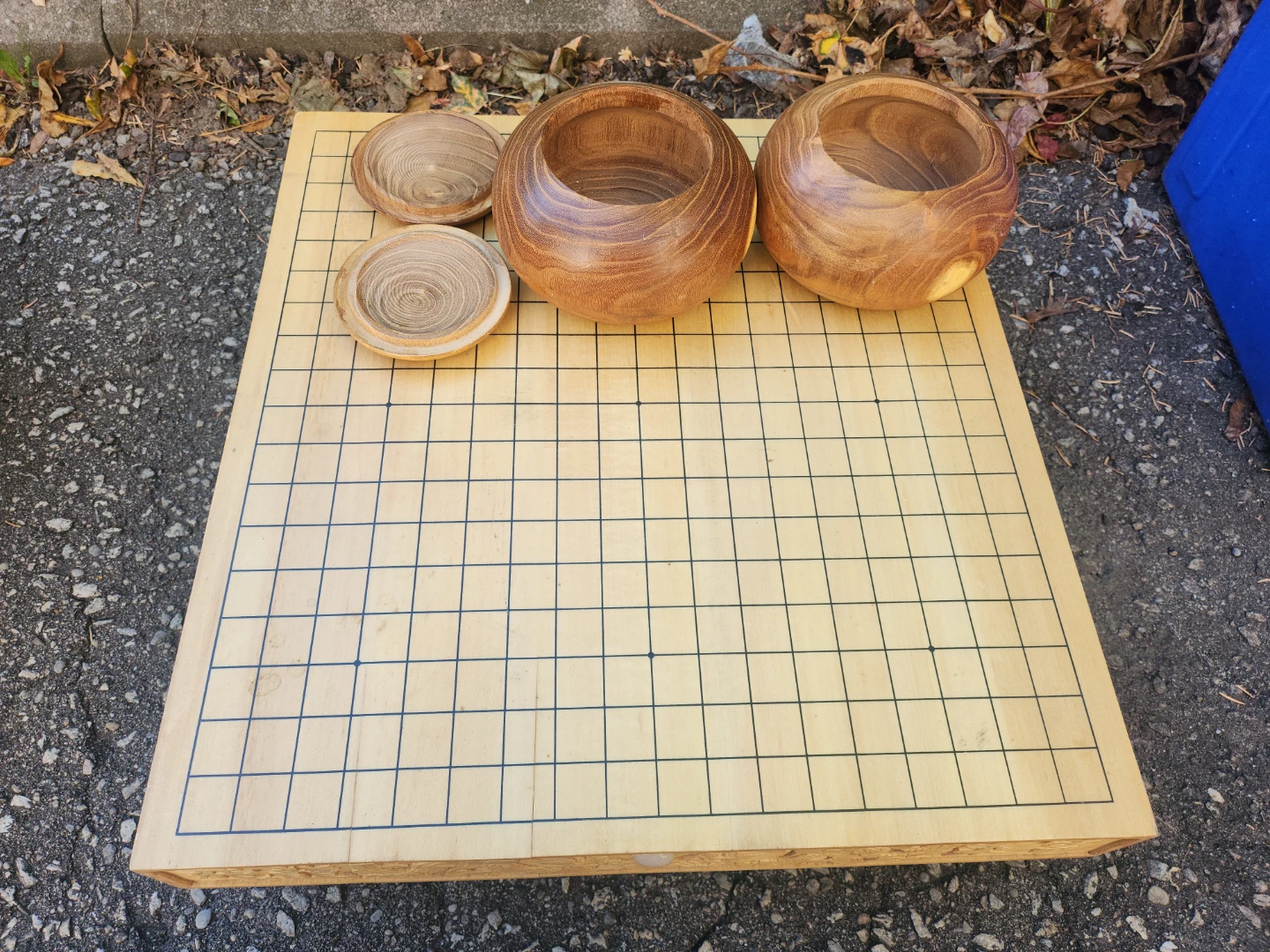 Vintage Hand-Carved Wooden Go Board & Solid Wood Bowls