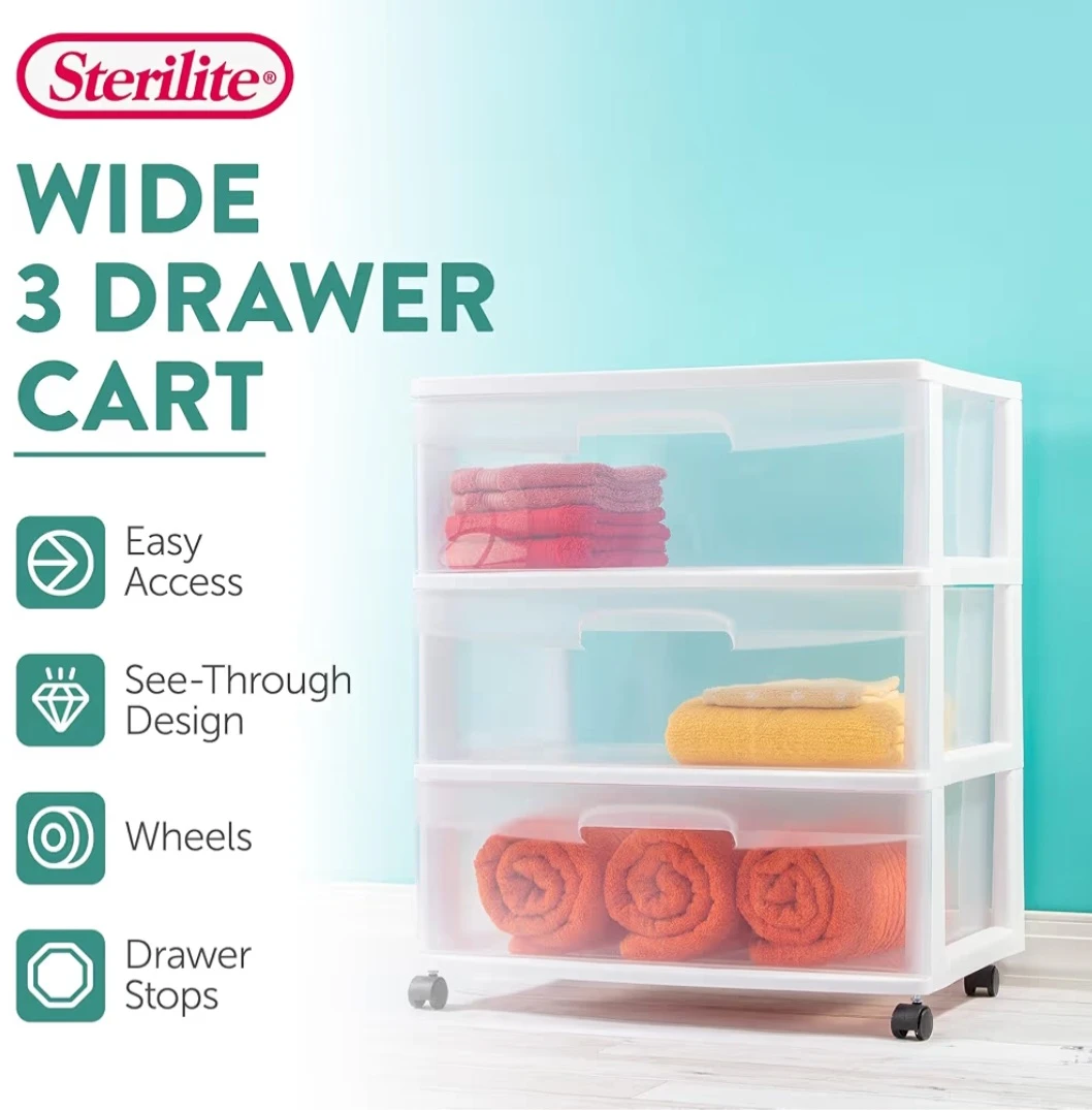 Sterilite Wide 3-Drawer Storage Cart, White