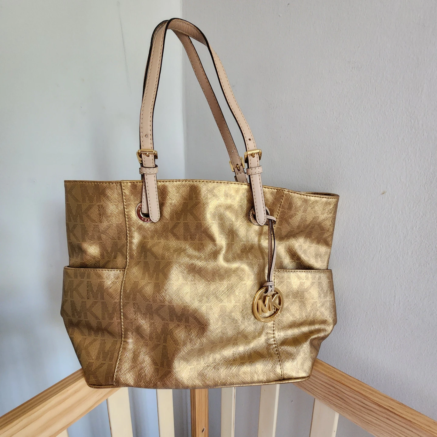 Michael Kors Metallic Gold Signature Logo Tote Bag