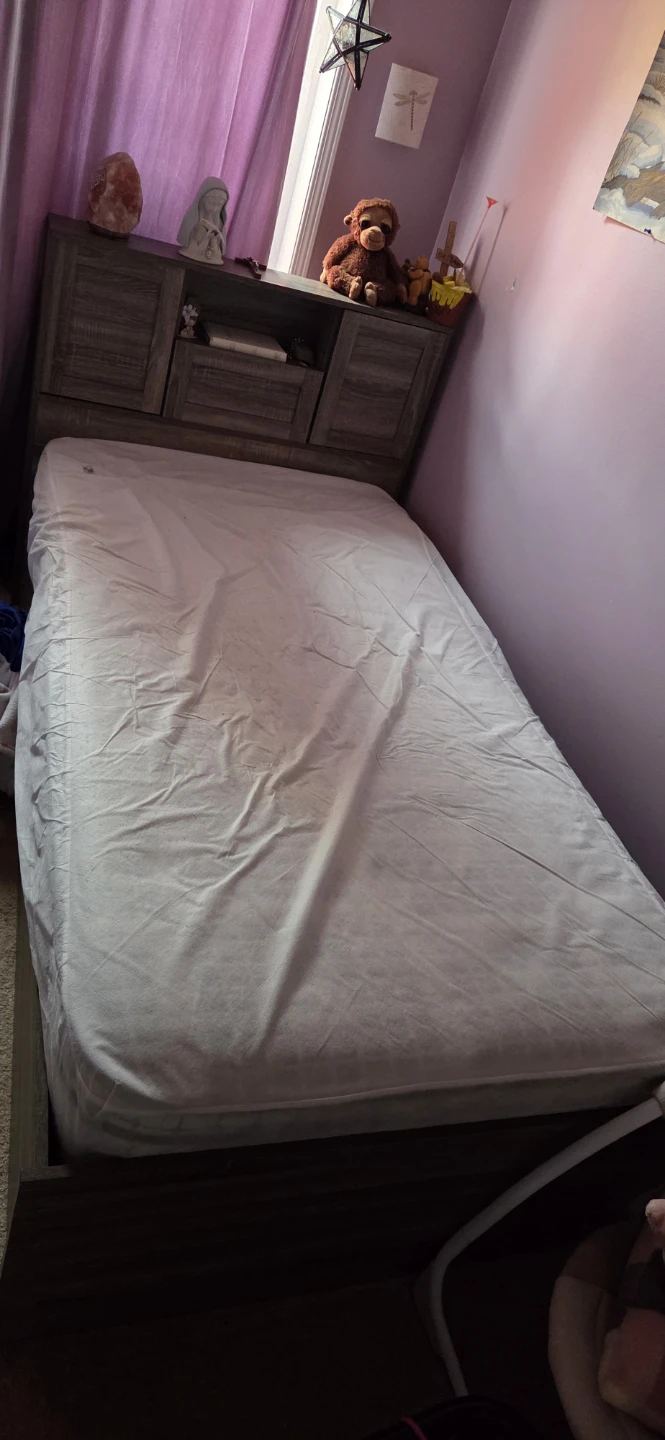 Twin size bed frame with storage headboard & mattress