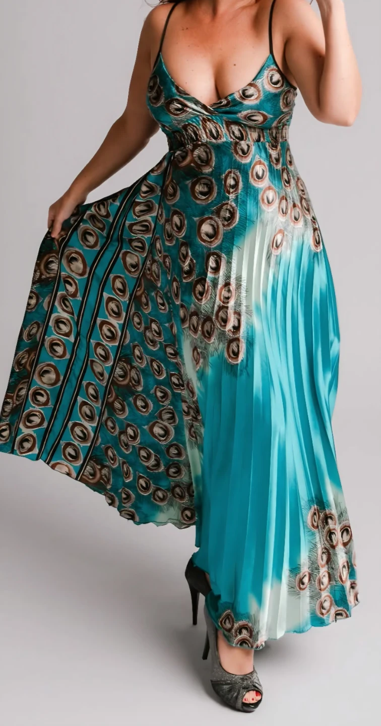 Peacock Print Pleated Maxi Dress