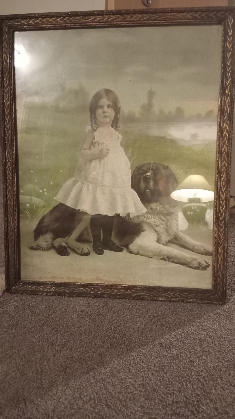 Vintage framed print of girl and dog