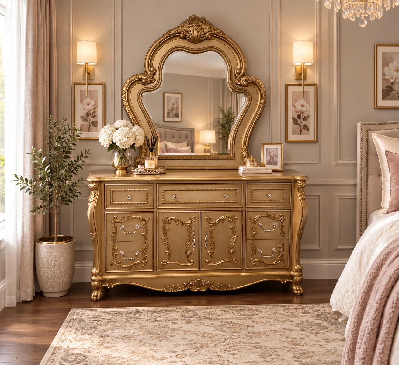 Ornate Gold Bedroom Dresser and Tall Chest - photo 2