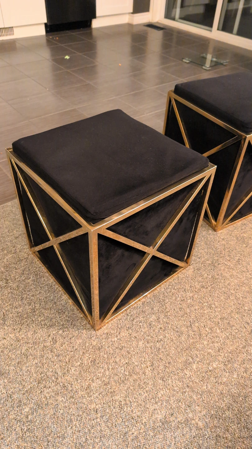 Set of Two Black Velvet and Gold Cube Ottomans
