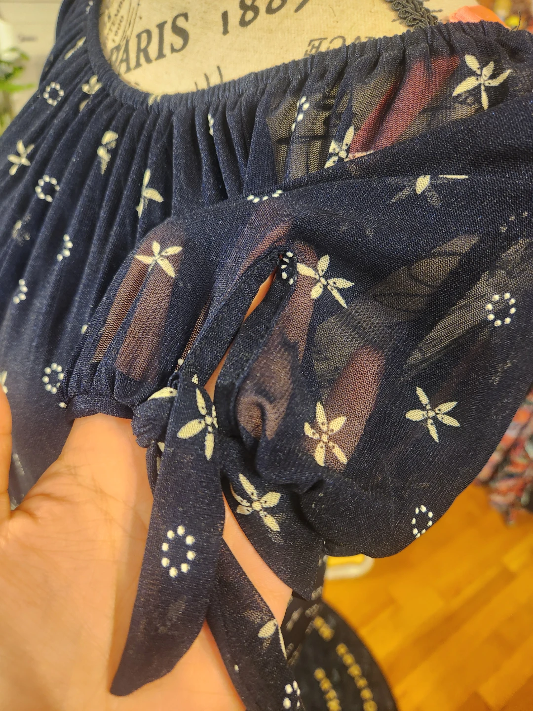 EMBER Size Navy Blue Floral Border Print Sheer Tie Sleeve Dress - photo 5