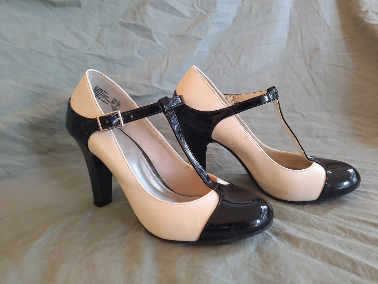 T-Strap Heels, Black and Cream, Size 7.5 - photo 2