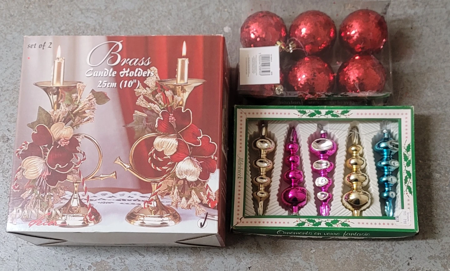 Danson Decor Brass Candle Holders and Holiday Ornaments