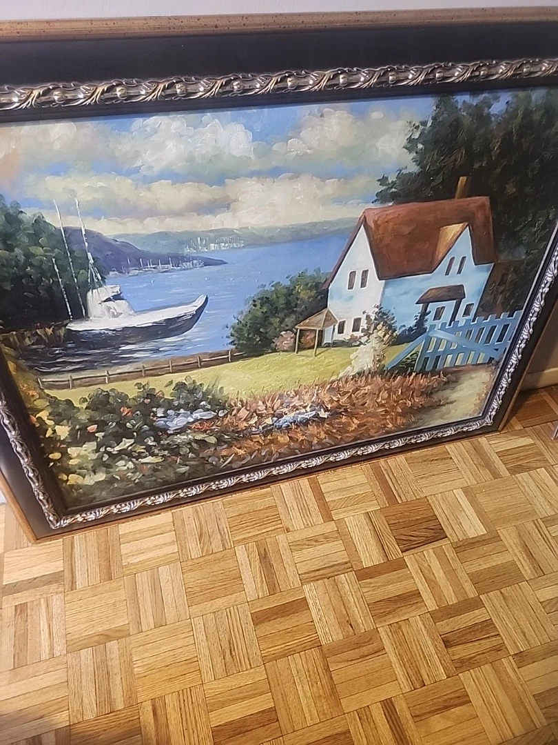 Large Landscape Oil Painting with Ornate Frame