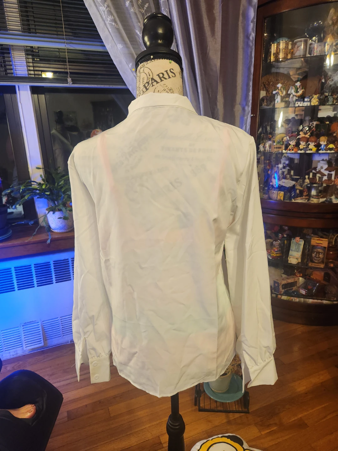 New White Long Sleeve Faux Pearl Brooch Tie Neck Blouse Top - photo 4