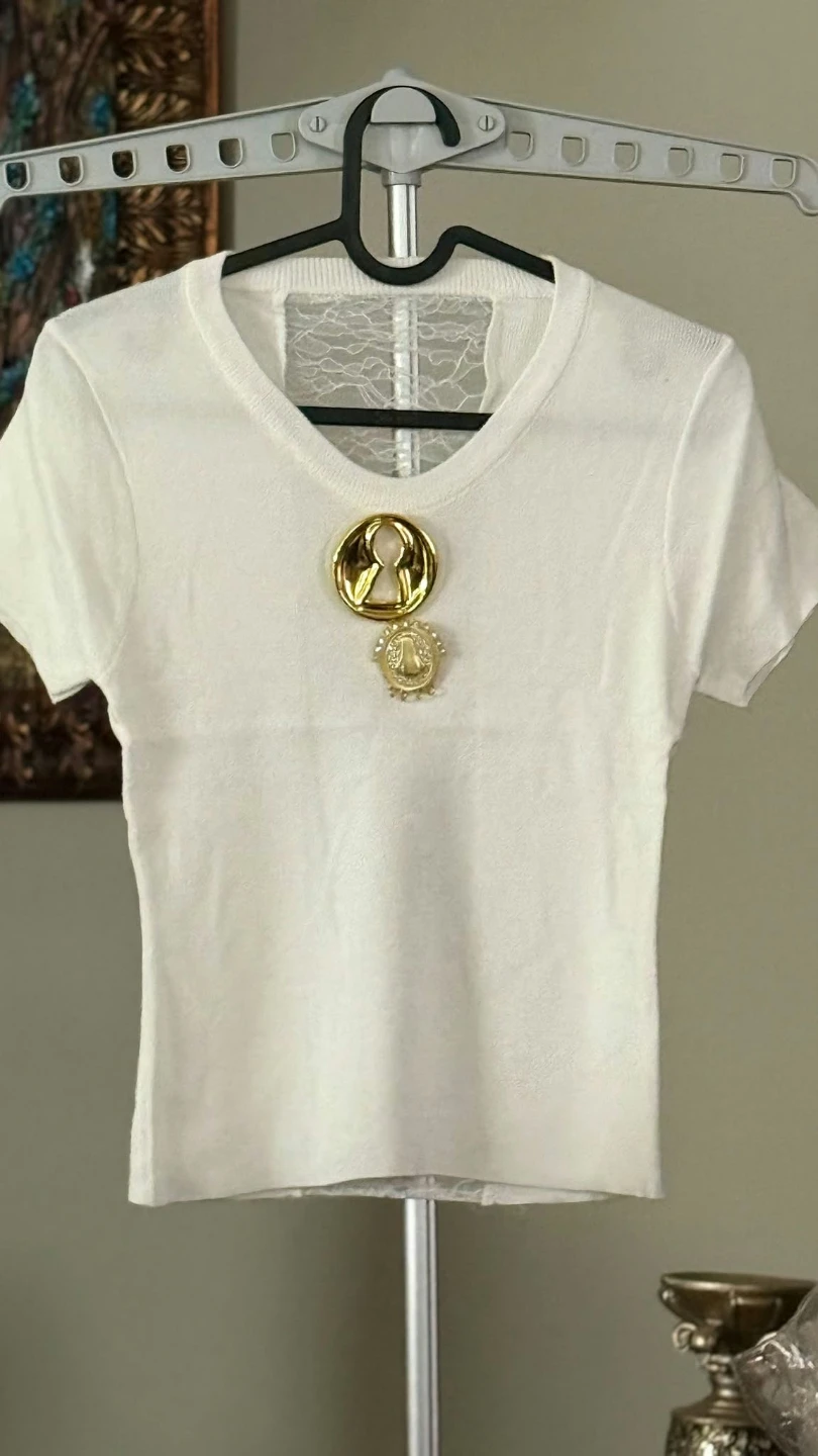 White Short Sleeve Top with Gold Embellishment