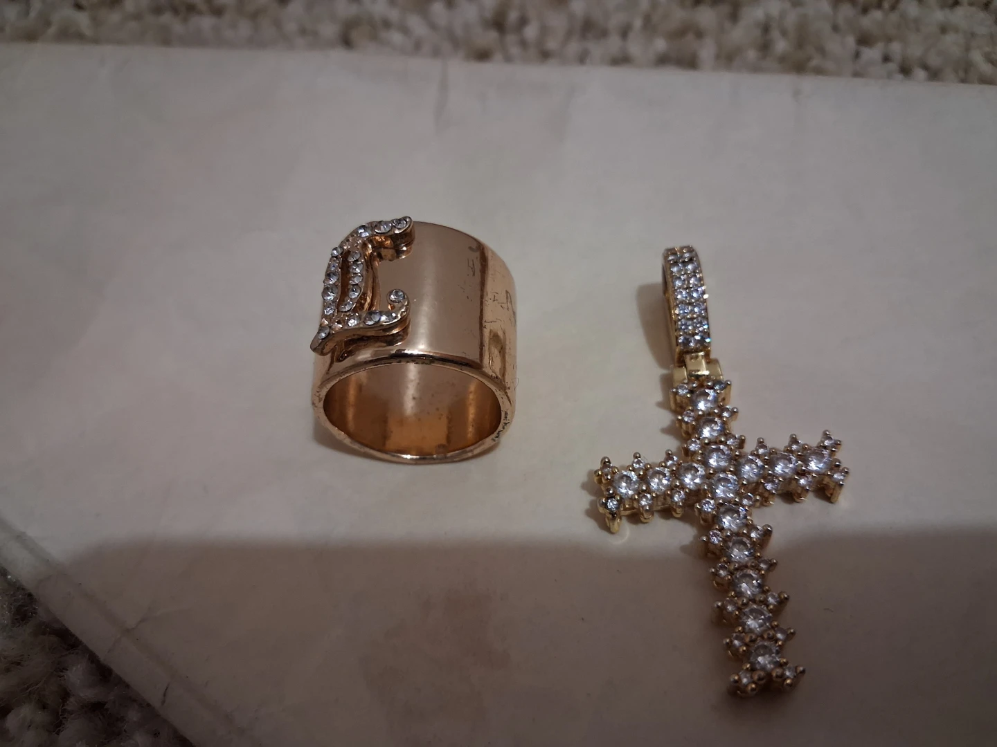 Gold Tone Ring and Cross Pendant Set