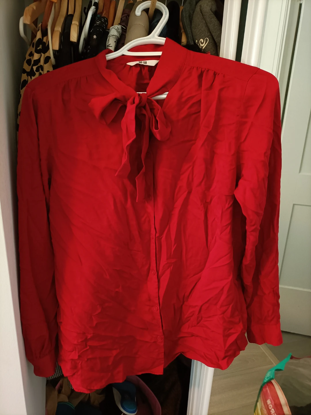 Uniqlo Red Bow Tie Blouse