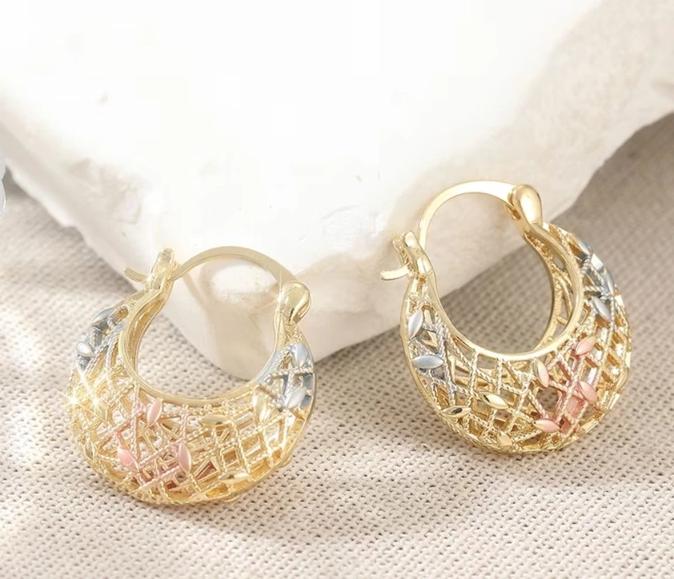 Tri-colour gold tone lattice hoop earrings