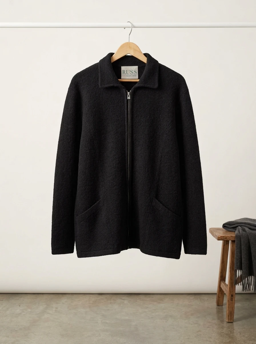 Russ Liz Claiborne Black Zip-Up Jacket Black Boiled Wool