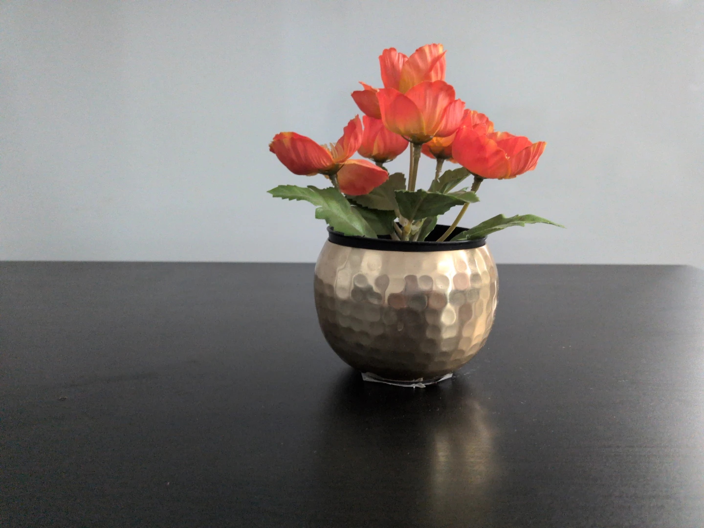 Artificial Orange Flowers in Hammered Gold Pot