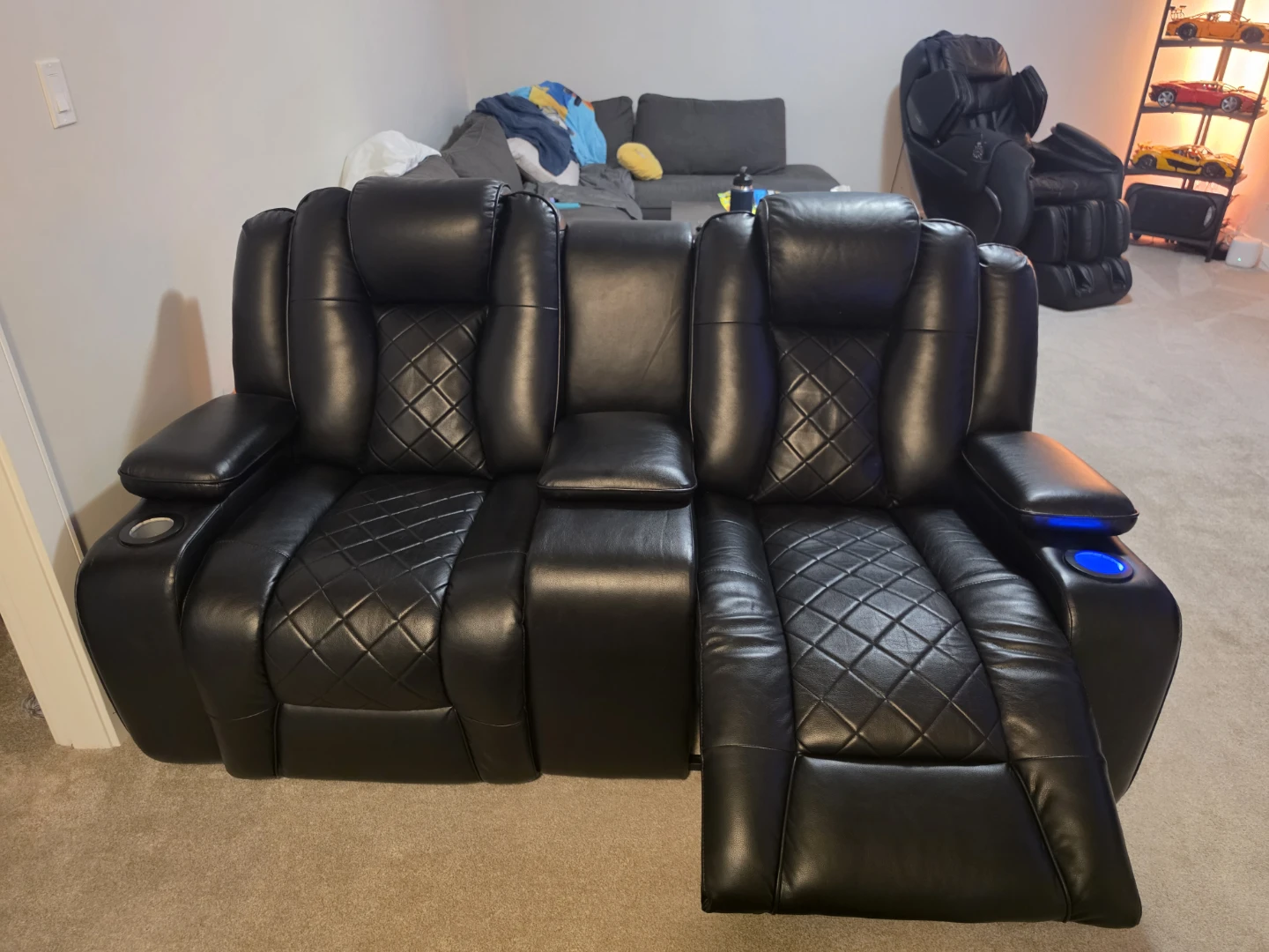 Black Leather Reclining Loveseat with 3 Consoles - photo 2