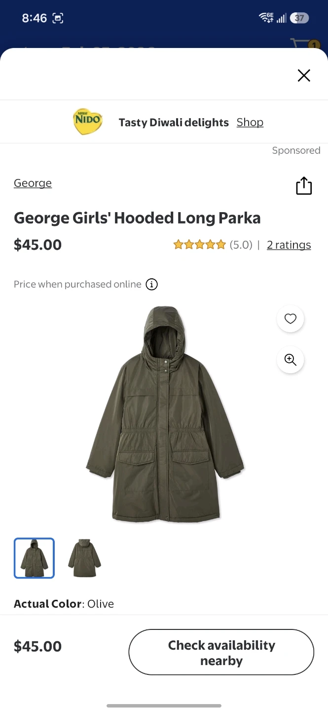 New George Girls' Hooded Long Parka Olive Size  XL (14-16) - photo 3