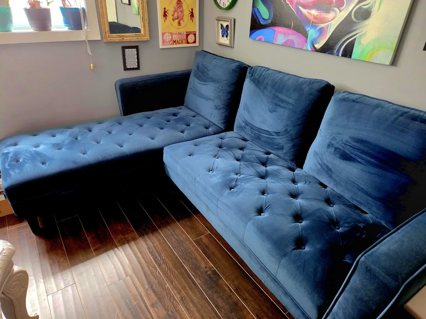 Sapphire Blue Velvet Sectional Sofa with Chair - photo 2