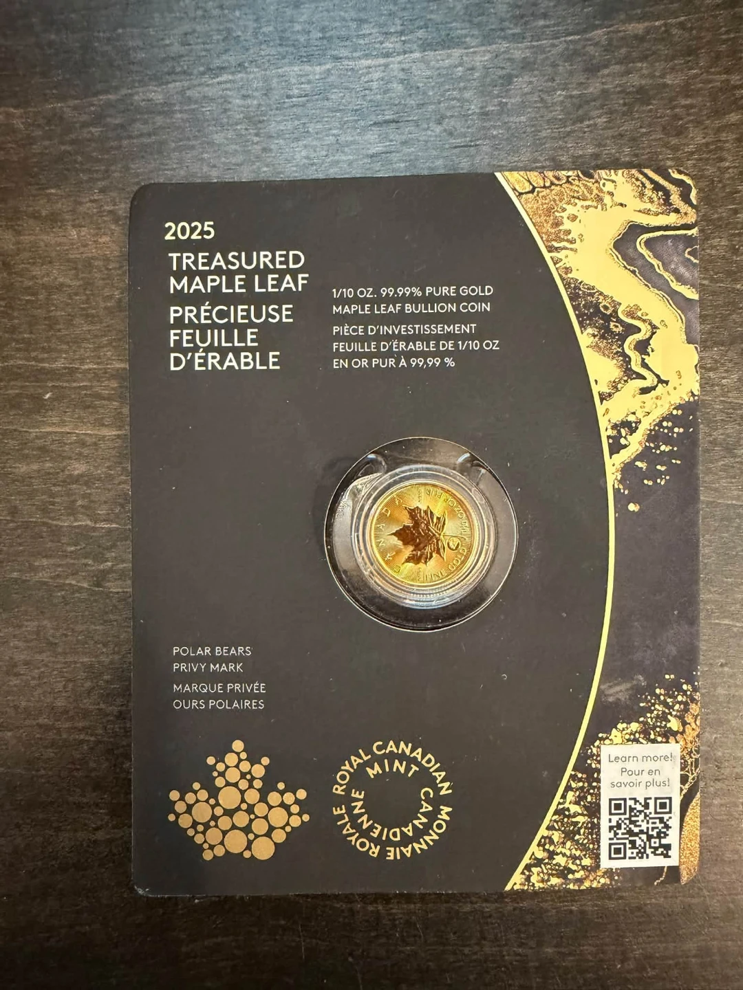 Treasured Maple 1/10 pure 9999 gold in assay.