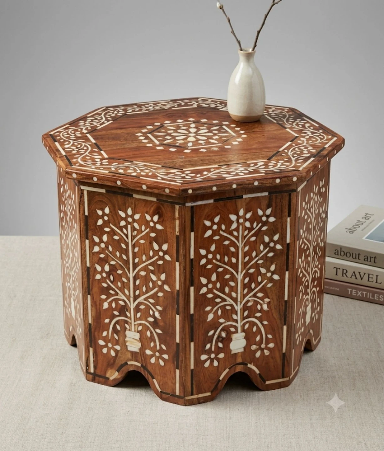 Vintage Anglo Indian Bone Inlay Octagonal Side Table