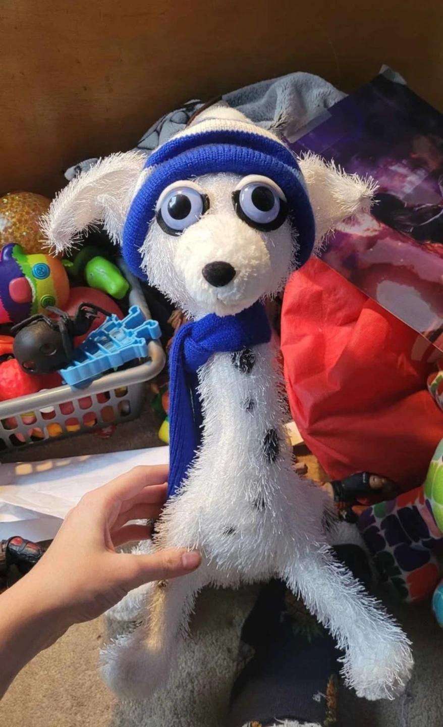 White Dalmatian Stuffed Toy with Blue Scarf and Beanie