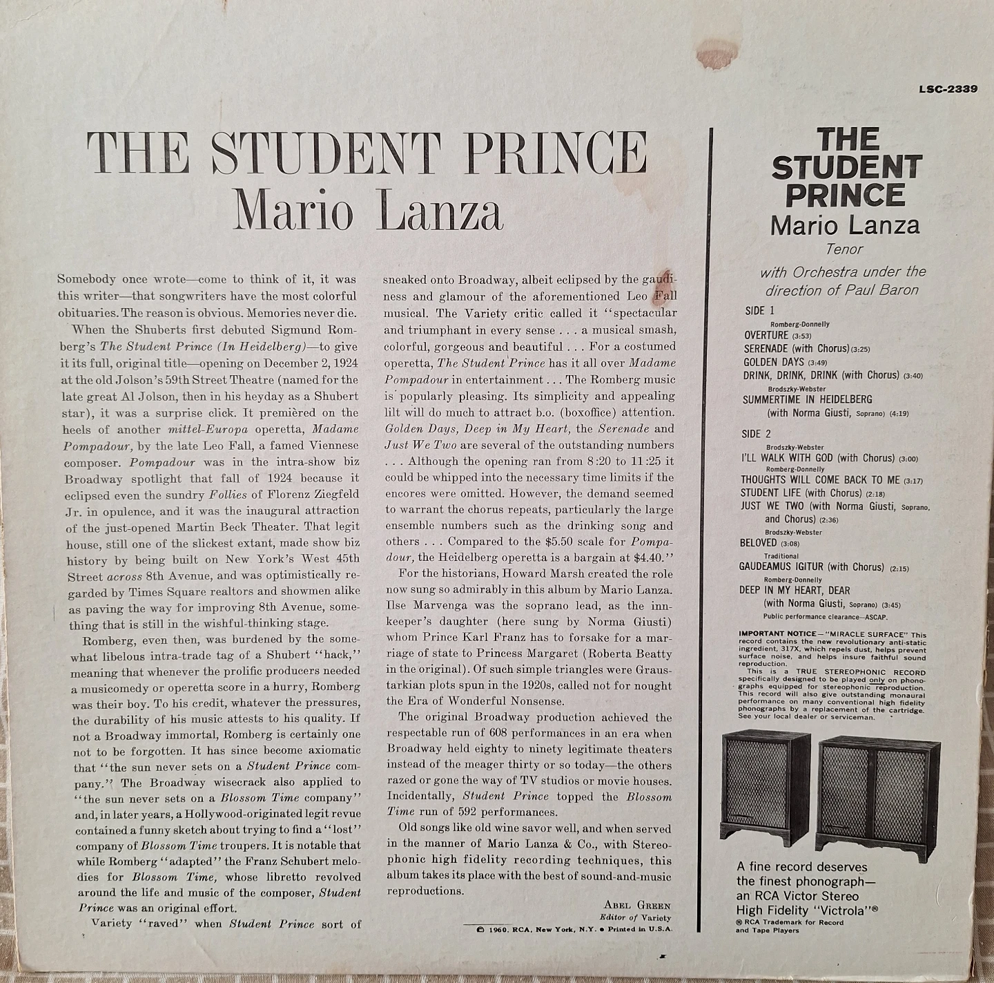 Mario Lanza - The Student Prince Vinyl Record - photo 2