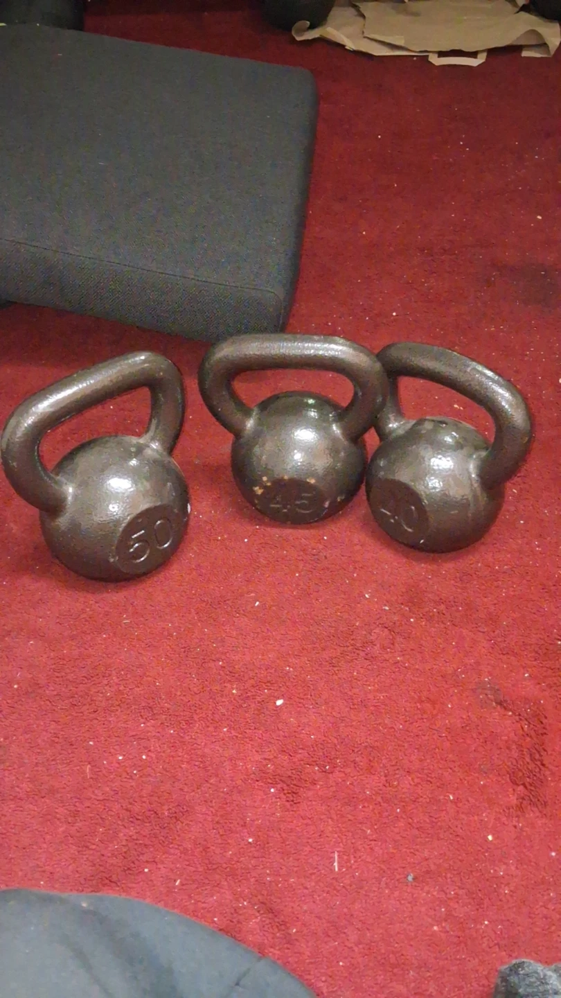Set of 3 Cast Iron Kettlebells: 50lb, 45lb, and 40lb