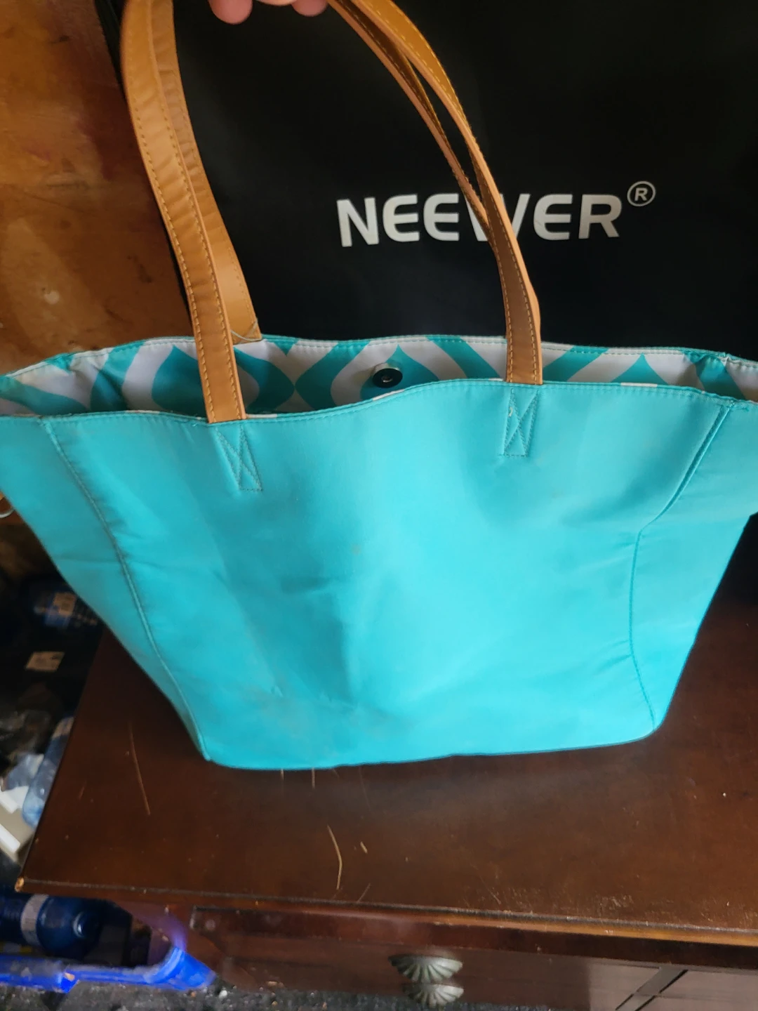Turquoise Geometric Print Tote Bag
