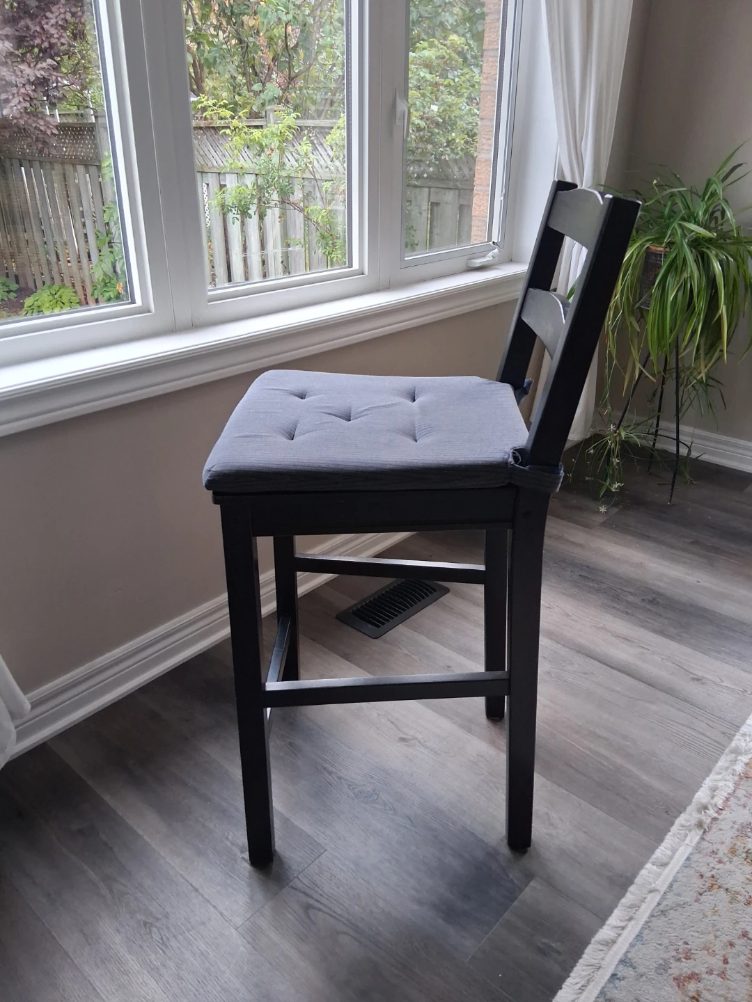 Black Ikea wooden bar stools with blue/grey cushion - photo 2
