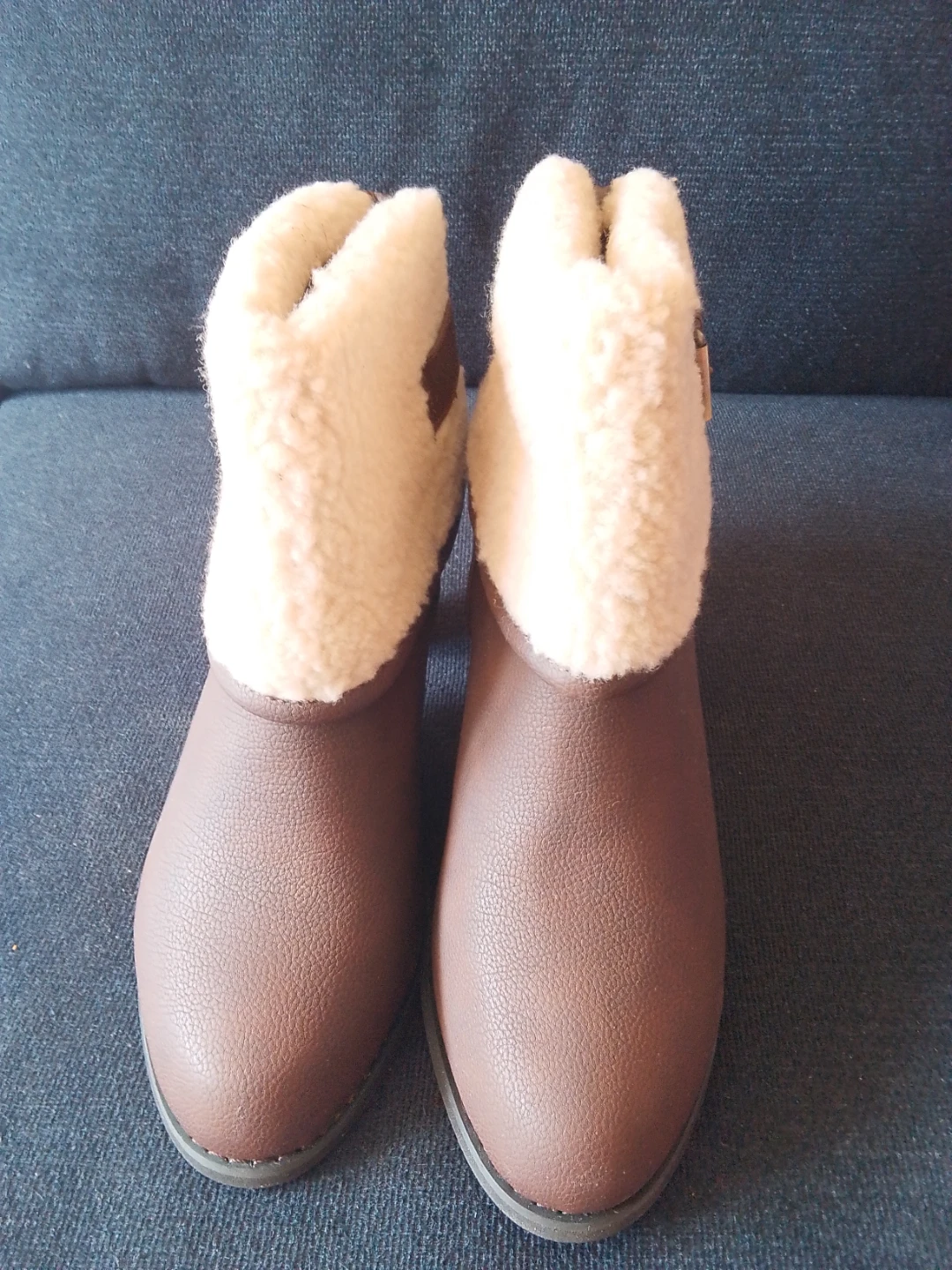 Brown faux leather ankle boots with fleece lining