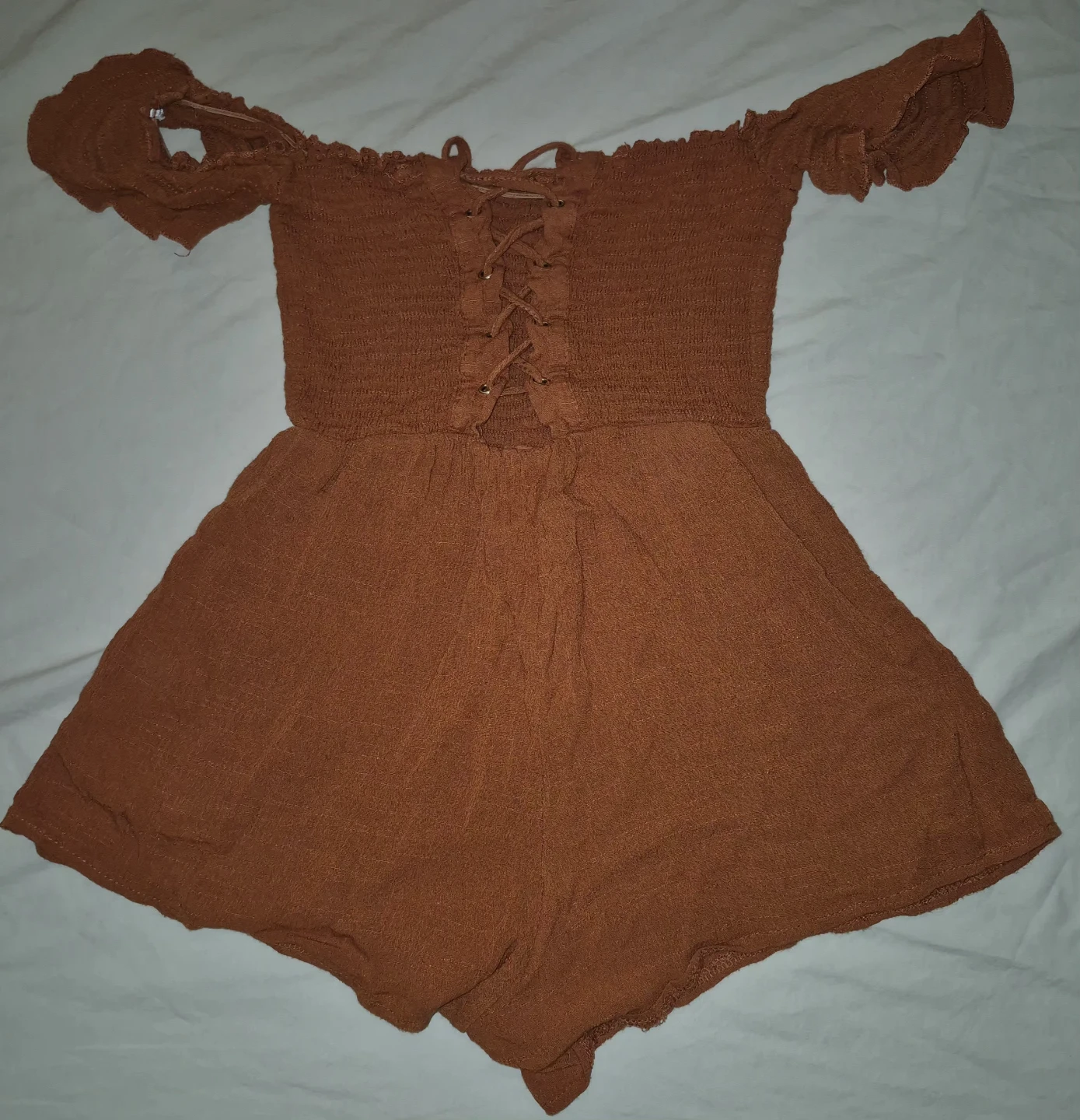 Rust Off-Shoulder Lace-Up Romper