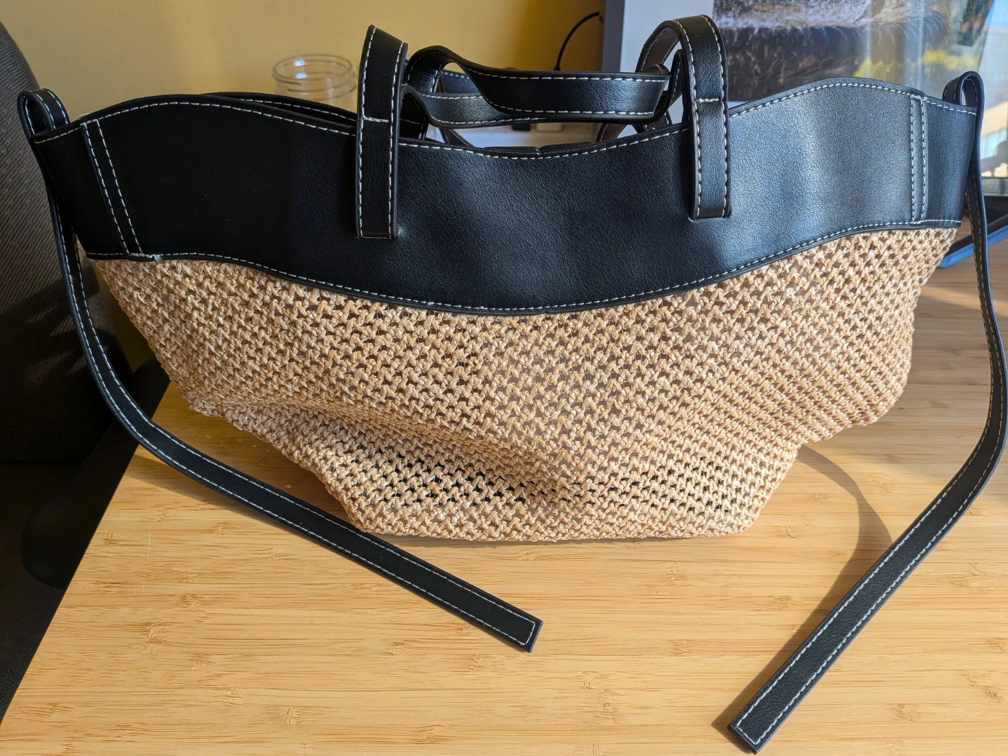 Woven Straw and Black Faux Leather Tote Bag - photo 2