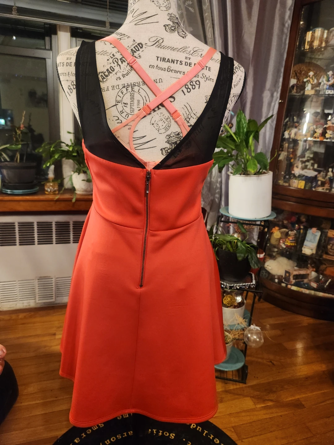 Cute Red Fit & Flare Skater Dress Black Mesh Shoulder Straps - photo 4