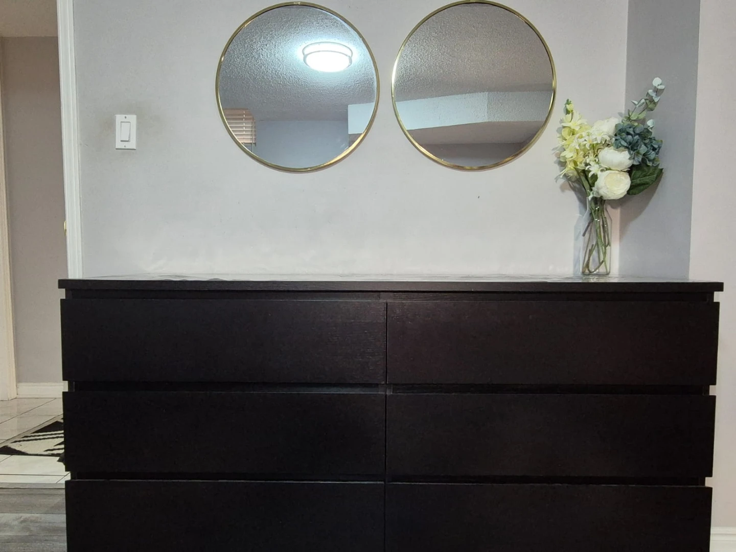 6 drawer IKEA Malm dresser in black with 2 gold frame mirrors