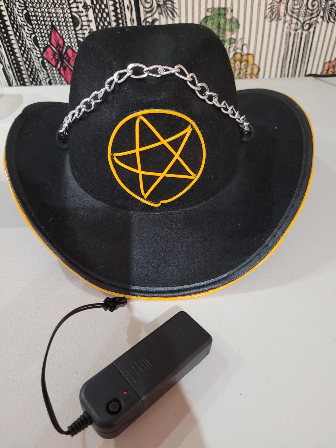 Halloween Light-up Black Cowboy Hat with Pentagram Design