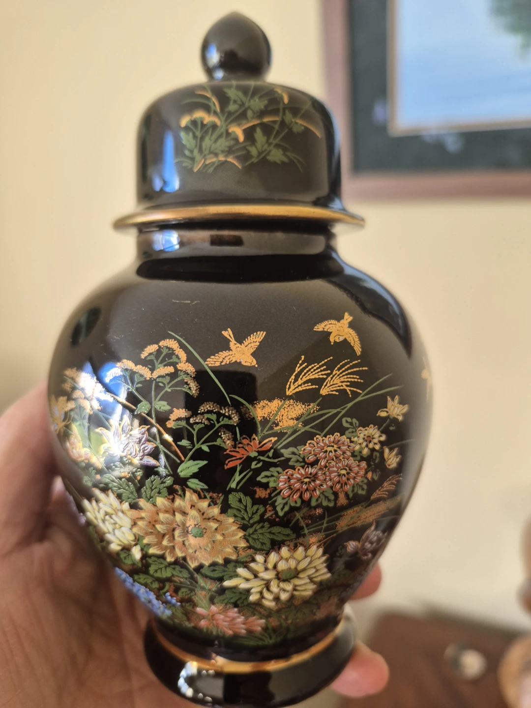 Vintage Black Floral Ginger Jar