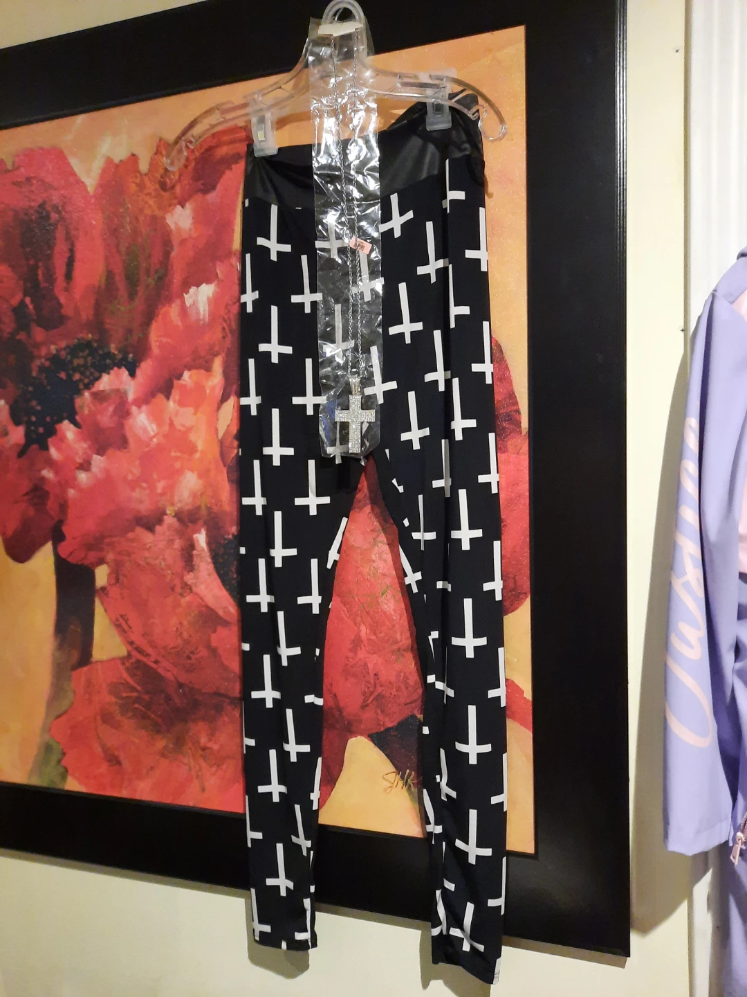 Cross Print Faux leather Leggings & Rhinestone Necklace