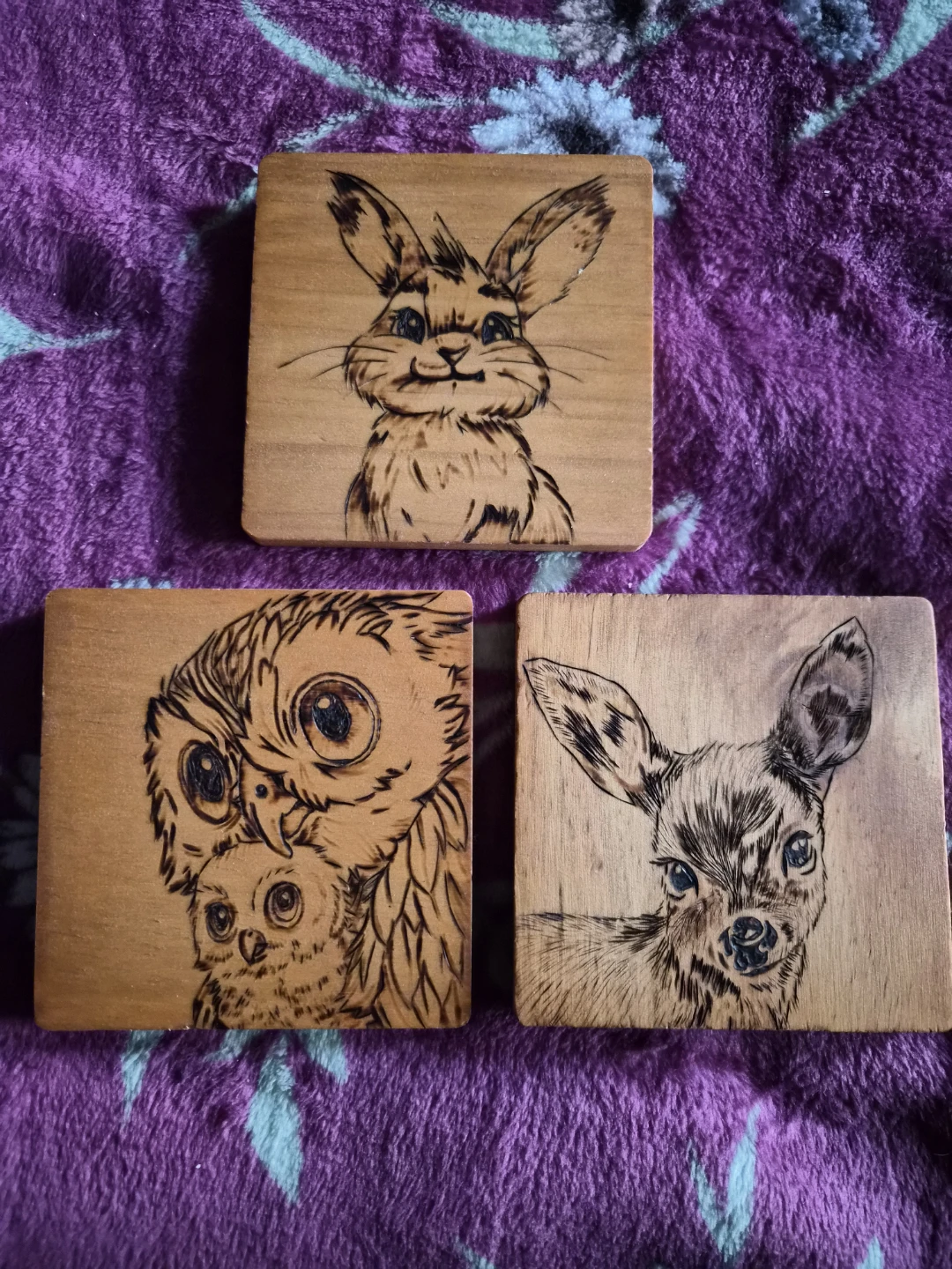 Set of 3 Wood Burned Wildlife Coasters