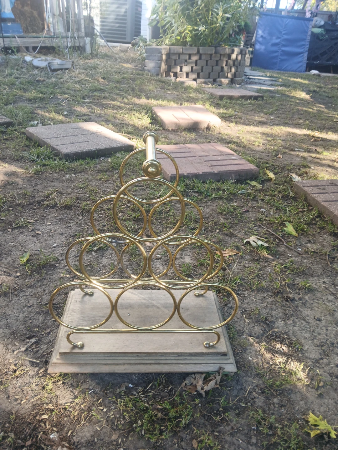 Vintage Brass and Wood Wine Rack
